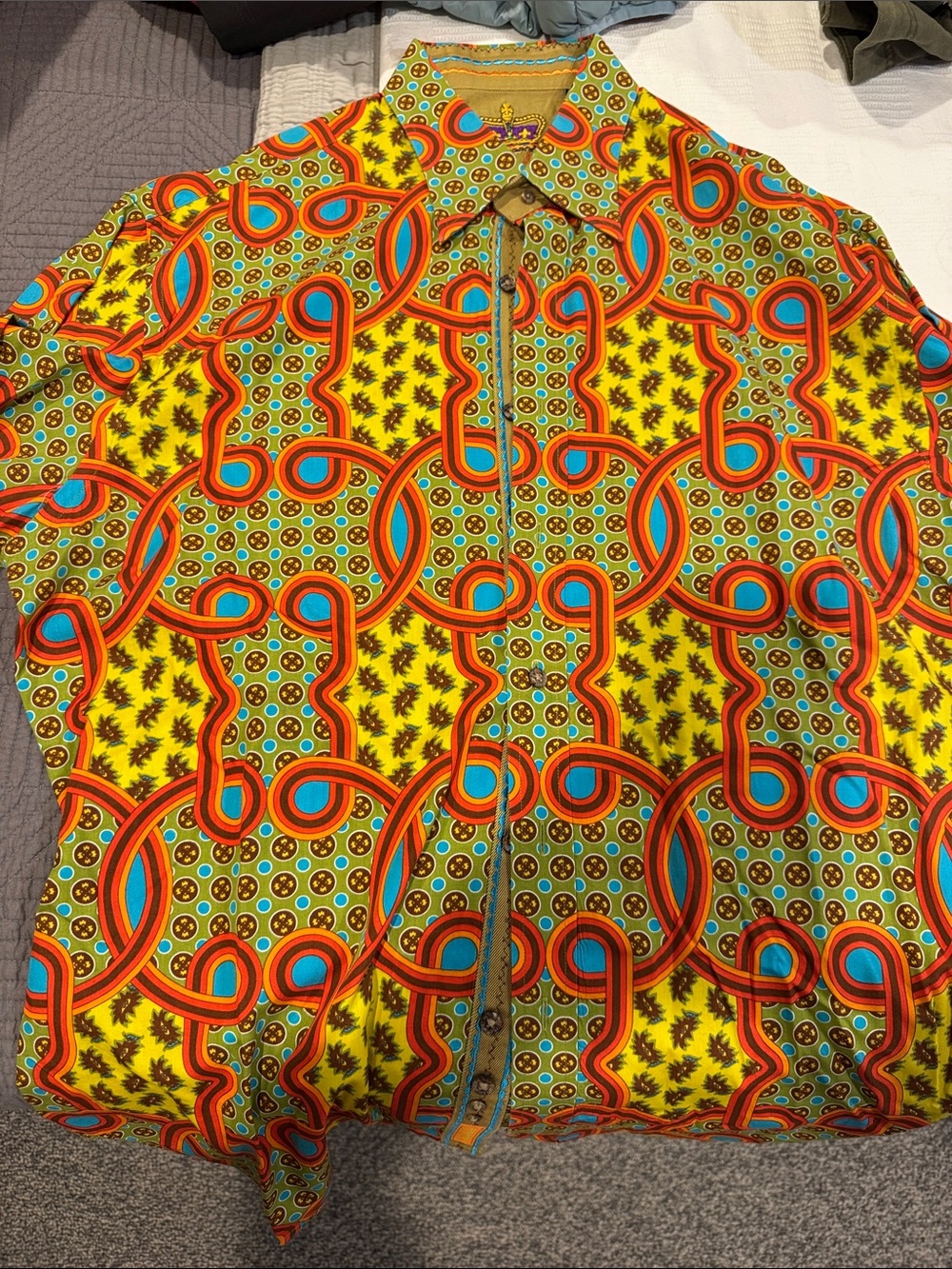 Robert Graham Yellow Button-Down Shirt with Orange and Blue Geometric Print